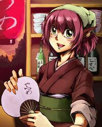  animal_ears bird_ears bottle brown_kimono commentary_request fangs female food_stand hand_fan head_scarf japanese_clothes kimono lantern mystia_lorelei obi okamisty paper_fan paper_lantern pink_hair sash short_hair smile solo tasuki touhou tsukino uchiwa upper_body yatai 