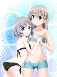  2girls ass bikini blue_eyes commentary_request eila_ilmatar_juutilainen green_eyes grey_hair holding_hands hyokkori_tamago interlocked_fingers long_hair multiple_girls sanya_v._litvyak short_hair strike_witches swimsuit world_witches_series yuri 