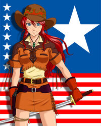  blue_eyes colt_single_action_army commentary_request cowboy_hat cowboy_western denim denim_skirt female freckles fringe_trim gemini_sunrise gloves gun handgun hat k-ma katana long_hair lowres miniskirt pencil_skirt red_hair revolver sakura_taisen sakura_taisen_v skirt solo sword united_states weapon 