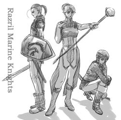  1boy 2girls armor boots broken-land gensou_suikoden gensou_suikoden_iv gretchen_(suikoden) greyscale headband katarina_(suikoden) keneth_(suikoden) lowres monochrome multiple_girls shield short_hair staff sword weapon 