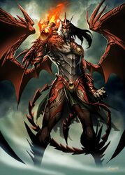  1boy angra_mainyu_(mythology) black_hair colored_skin commentary demon_wings english_commentary fire genzoman loincloth looking_at_viewer male_focus mitos_y_leyendas persian_mythology photoshop_(medium) red_skin signature solo spikes tail wings yellow_eyes 