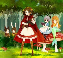  2boys 3girls :&gt; :o ak-47 alice_(alice_in_wonderland) alice_(alice_in_wonderland)_(cosplay) alice_in_wonderland animal_ears apron asahina_mikuru assault_rifle bad_id bad_pixiv_id big_bad_wolf big_bad_wolf_(cosplay) blush book boots bow commentary_request cosplay cross-laced_footwear dress forest grimm&#039;s_fairy_tales gun hair_ribbon hairbow kalashnikov_rifle koizumi_itsuki kyon lace lace-trimmed_dress lace-up_boots lace_trim lion little_red_riding_hood little_red_riding_hood_(grimm) little_red_riding_hood_(grimm)_(cosplay) mermaid moffunnyo monster_girl monsterification mugen_lion multiple_boys multiple_girls mushroom nagato_yuki nature pantyhose rabbit_ears ribbon rifle scales sitting standing striped_clothes striped_pantyhose suzumiya_haruhi suzumiya_haruhi_no_yuuutsu the_little_mermaid the_little_mermaid_(andersen) tree unmoving_pattern weapon white_rabbit_(alice_in_wonderland) white_rabbit_(alice_in_wonderland)_(cosplay) wolf_ears 