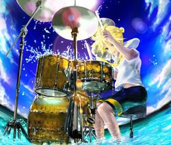  1boy aqua_eyes beach blonde_hair blue_shorts day drum instrument kagamine_len male_focus mamoru_(mamoru_jinja) necktie outdoors shorts sky solo sun vocaloid 