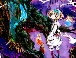  alice_margatroid alice_margatroid_(pc-98) aqua_eyes blonde_hair bloomers blue_eyes bow colorful doll dress female hafuri hair_ribbon hairbow long_hair necktie open_mouth photoshop_(medium) rabbit ribbon short_hair standing touhou touhou_(pc-98) tree underwear 