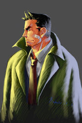  1boy bad_id bad_pixiv_id baharu beard_stubble black_hair coat collared_shirt commentary_request dick_gumshoe facial_hair goatee green_coat grey_background gyakuten_saiban male_focus manly necktie object_behind_ear pencil pencil_behind_ear photoshop_(medium) red_necktie shirt short_hair sideburns sideburns_stubble solo stubble thick_eyebrows trench_coat white_shirt 