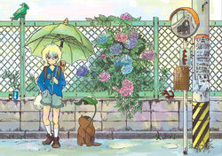  1boy adiane aged_down akora androgynous animal ape armadillo bag bird blonde_hair blue_hair blue_jacket chain-link_fence commentary_request cytomander day expressionless fence flower gorilla green_eyes guame hand_in_pocket holding holding_umbrella hydrangea jacket leaf_umbrella long_sleeves lordgenome lordgenome_(young) male_focus mirror multicolored_hair outdoors plant recorder_case reflection road scorpion shoes shorts sign solo standing tengen_toppa_gurren_lagann tengen_toppa_gurren_lagann:_parallel_works thymilph traffic_mirror umbrella utility_pole white_legwear 