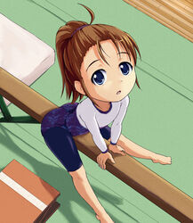  ahoge balance_beam barefoot beidan bike_shorts blue_eyes brown_hair commentary_request female flat_chest full_body gymnastics leotard lolicon long_hair looking_up original photoshop_(medium) plantar_flexion ponytail riding solo 