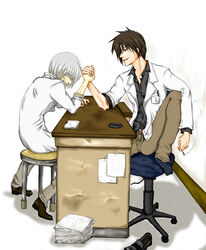  2boys arm_wrestling asuka_r._kreutz brown_hair cigarette commentary_request desk guilty_gear guilty_gear_2 hair_over_eyes lab_coat multiple_boys senshiyun short_hair simple_background sitting sol_badguy white_hair 