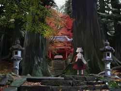  bad_id black_skirt day detached_sleeves female forest full_body geta hat inubashiri_momiji light nature outdoors red_footwear red_hat red_skirt scenery shirt short_hair shrine skirt sky sleeveless sleeveless_shirt smile solo stairs standing stone_lantern sword takanashi_akihito tengu-geta tokin_hat touhou tree two-tone_skirt weapon white_hair white_shirt white_sleeves 