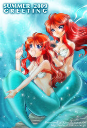  :d bikini bikini_top_only blue_eyes blush bracelet breasts brushing_another&#039;s_hair brushing_hair cleavage comb commentary_request dual_persona female gemini_sunrise geminin_sunrise hair_ribbon jewelry kannah long_hair medium_breasts mermaid monster_girl open_mouth pointing pointing_up red_hair ribbon sakura_taisen sakura_taisen_v sitting smile swimsuit time_paradox underboob underwater 