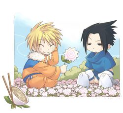  2boys black_eyes black_hair blonde_hair chibi chopsticks closed_eyes flower male_focus multiple_boys naruto naruto_(series) uchiha_sasuke uzumaki_naruto zetallis 