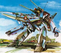  1980s_(style) cannon choujikuu_yousai_macross day gerwalk kawamori_shouji macross macross_flashback_2012 mecha no_humans official_art production_art retro_artstyle reverse-jointed_legs robot sky tornado_pack variable_fighter vf-4 vfx-4 