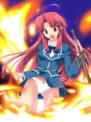  bad_id bad_pixiv_id female fire hyokkori_tamago kannagi_ayano kaze_no_stigma long_hair panties red_hair school_uniform seiryou_academy_school_uniform solo sword underwear weapon white_panties 