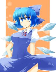  absurdres bad_id bad_pixiv_id blue_dress blue_eyes blue_hair bow breasts cirno dress female hairbow highres large_breasts solo touhou wedge_(tyrl_stride) 