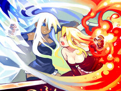  2girls battle blonde_hair blue_eyes breasts cleavage commentary_request dark-skinned_female dark_skin duel fire futaba_channel ice large_breasts lesty multiple_girls red_eyes rusty shigehiro_(hiroi_heya) white_hair 