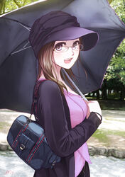  bag blue_eyes blush bracelet brown_hair eri_(artist) female glasses handbag hat jewelry original outdoors photoshop_(medium) solo umbrella 