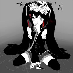  bad_id bad_pixiv_id bukiyama detached_sleeves female flower greyscale hair_flower hair_ornament hatsune_miku headphones headset long_hair monochrome nisoku_hokou_(vocaloid) skirt solo spot_color thighhighs twintails very_long_hair vocaloid water zettai_ryouiki 