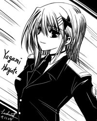  blush commentary_request female formal greyscale hair_ornament hairclip leoheart long_sleeves looking_at_viewer lyrical_nanoha mahou_senki_lyrical_nanoha_force military military_uniform monochrome short_hair sidelocks smile solo suit tsab_naval_military_uniform uniform x_hair_ornament yagami_hayate 