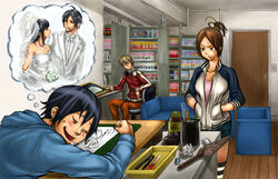  2boys azuki_miho bakuman black_hair blush bookshelf bride brown_hair closed_eyes commentary_request couple dreaming dress drooling eraser feathers female glasses hands_in_pockets headphones indoors jacket jewelry light_brown_hair mashiro_moritaka miyoshi_kaya multiple_boys necklace open_mouth photoshop_(medium) saliva sengoku shorts sitting sleeping straight striped_clothes striped_thighhighs sweatdrop takagi_akito thighhighs track_jacket tuxedo wedding_dress 