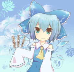  alternate_costume ascot bad_id bad_pixiv_id bare_shoulders blue_eyes blue_hair blush blush_stickers bow cirno cosplay detached_sleeves female hairbow hakurei_reimu hakurei_reimu_(cosplay) looking_at_viewer nagasan ribbon-trimmed_sleeves ribbon_trim sleeves_past_wrists smile solo touhou yellow_ascot 