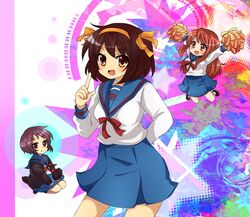  3girls asahina_mikuru bad_id bad_pixiv_id blue_sailor_collar brown_eyes brown_hair cardigan chibi earl_grey hairband kita_high_school_uniform multiple_girls nagato_yuki pom_pom_(cheerleading) sailor_collar school_uniform short_hair suzumiya_haruhi suzumiya_haruhi_no_yuuutsu winter_uniform 