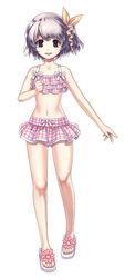  bikini bikini_skirt brown_eyes cross_edge female flower frills grey_hair hirano_katsuyuki may_(cross_edge) official_art photoshop_(medium) sandals short_hair solo swimsuit tankini 