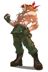  1boy abs alex_(street_fighter) areolae biceps blonde_hair boots brown_footwear clenched_hand combat_boots cross-laced_footwear curly_hair falcoon fighting_stance fingerless_gloves full_body gloves green_gloves green_overalls headband lace-up_boots legs_apart long_hair male_focus muscular nipples overalls overalls_pull pectorals red_headband sidelocks simple_background solo standing street_fighter street_fighter_iii_(series) topless_male white_background 