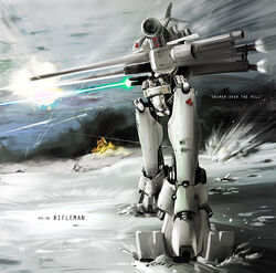  alf874 bad_id bad_pixiv_id battletech beam burning cloud commentary_request explosion gun mecha no_humans photoshop_(medium) realistic rifleman_(battletech) robot science_fiction sky weapon 