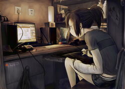  adobe_photoshop black_shorts brown_hair chinese_commentary chinese_text commentary_request computer computer_keyboard downpants drawing_tablet feet_out_of_frame female highres laptop layered_sleeves long_sleeves monitor mozilla_firefox oekaki_musume original panties ponytail recursion robce_lee short_over_long_sleeves short_sleeves shorts sitting solo striped_clothes striped_panties stylus underwear wacom 