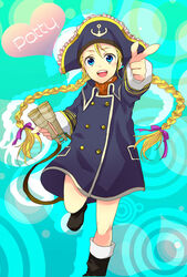  aqua_background bad_id bad_pixiv_id binoculars blonde_hair blue_eyes boots braid character_name commentary_request female hat knee_boots long_hair morino_mizu patty_fleur smile solo tales_of_(series) tales_of_vesperia twin_braids 