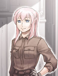  alternate_hairstyle arm_at_side belt blue_eyes breast_pocket breasts brown_jumpsuit closed_mouth female gloves half_updo hand_on_own_hip jacket jumpsuit long_hair looking_at_viewer megurine_luka pink_hair pocket sleeves_rolled_up smile solo uniform upper_body vocaloid watari_taichi 