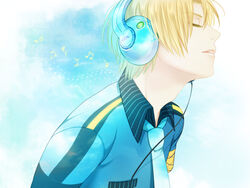  1boy bad_id bad_pixiv_id beamed_eighth_notes blonde_hair blue_background blue_necktie blue_shirt blue_theme cable closed_eyes collared_shirt eighth_note eyelashes headphones listening_to_music male_focus musical_note necktie parted_lips photoshop_(medium) profile shirt solo suiga_sora upper_body utau wii_hola 