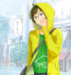  1boy ahoge akizuki_ryo bag brown_eyes brown_hair casual commentary_request glasses hood hoodie idolmaster idolmaster_dearly_stars male_focus photoshop_(medium) solo translated yachiwo 