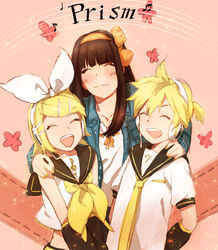  1boy 2girls animification bass_clef blonde_hair brother_and_sister brown_hair closed_eyes crop_top detached_sleeves flower hair_ornament hair_ribbon hairclip headphones headset kagamine_len kagamine_rin mitosa multiple_girls real_life ribbon sailor_collar shimoda_asami short_hair siblings smile treble_clef twins vocaloid voice_actor voice_actor_connection 