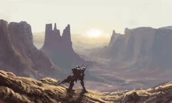  armored_core canyon commentary_request desert grass landscape light mecha mozuo no_humans outdoors realistic robot scenery science_fiction sun sunset 