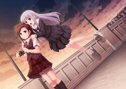  2girls aisaka_sayo asakura_kazumi black_eyes brown_hair camera cloud commentary_request dutch_angle flying ghost grey_hair hair_ornament hairclip kneehighs long_hair mahora_academy_middle_school_uniform mahou_sensei_negima! multiple_girls necktie photoshop_(medium) plaid plaid_skirt red_eyes sayousuke school_uniform serafuku skirt sky socks transparent 