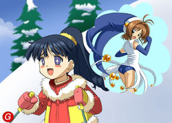  +_+ 2girls ass black_hair blue_eyes blue_hat blush_stickers brown_hair cardcaptor_sakura commentary daidouji_tomoyo daikinbakuju goldsickle green_eyes grin hat kinomoto_sakura kinomoto_sakura_(blue_jester_costume) lolicon long_hair multiple_girls parody ponytail short_hair skis smile snow stupid_sexy_flanders the_simpsons yuri 