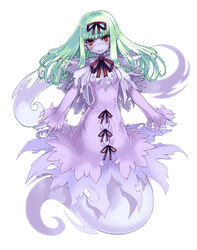  blush bow dress female ghost ghost_(monster_girl_encyclopedia) ghost_tail green_hair hair_ribbon hairbow hitodama kenkou_cross long_hair monster_girl monster_girl_encyclopedia official_art pointy_ears red_eyes ribbon solo 