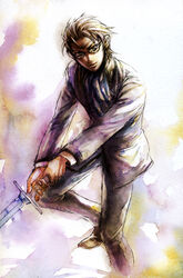  1boy bad_id bad_pixiv_id formal glasses koutoubu male_focus nanjou_kei painting_(medium) persona persona_1 school_uniform solo st._hermelin_school_uniform sword traditional_media watercolor_(medium) weapon 