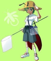  androgynous antennae butterfly_net commentary_request cosplay female green_eyes green_hair grey_shorts hand_net hat kansuke_(bubuduke) photoshop_(medium) reverse_trap shorts solo straw_hat touhou wriggle_nightbug 