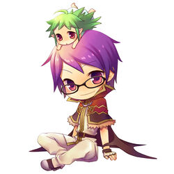  1boy ahoge chibi commentary_request female glasses green_hair high_wizard_(ragnarok_online) lif_(ragnarok_online) long_hair namanie photoshop_(medium) purple_eyes purple_hair ragnarok_online red_eyes 