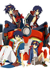  4boys aged_down aged_up bad_id bad_pixiv_id blue_hair coat drill garlock_simon goggles goggles_on_head kuroki_natsu lagann male_focus mecha midriff_sarashi multiple_boys multiple_persona robot sarashi simon_(ttgl) sitting smile tengen_toppa_gurren_lagann time_paradox trench_coat 