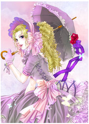  bad_id bad_pixiv_id blonde_hair blue_eyes bonnet bow bug butterfly curly_hair dress female flower frills gloves gown lipstick long_hair makeup marie_antoinette_(versailles_no_bara) parasol petticoat pink_bow pink_lips ribbon rose solo striped striped_ribbon tamari_(flawless) too_many too_many_frills umbrella versailles_no_bara victorian 