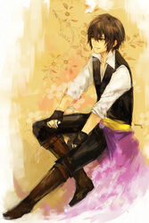  1boy between_legs black_gloves black_pants black_vest blue_eyes boots brown_footwear brown_hair commentary_request fingerless_gloves flower full_body gloves hakuouki_shinsengumi_kitan hand_between_legs looking_away male_focus pants sash shirt sitting sleeves_rolled_up smile solo toudou_heisuke_(hakuouki) vest waistcoat white_shirt xxnicol 