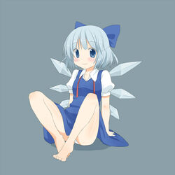  bad_feet barefoot blue_eyes blue_hair blush bow cirno commentary_request feet female hairbow mashima_(sumachi) panties short_hair smile solo touhou underwear white_panties wings 