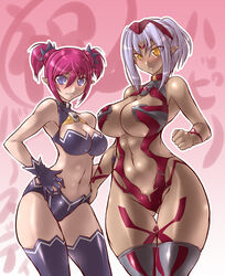  2girls breasts busou_shinki cleavage commentary_request curvy dark-skinned_female dark_skin darui_hito graffias highres large_breasts midriff multiple_girls navel pink_hair purple_eyes purple_hair short_twintails thick_thighs thighhighs thighs twintails vespelio wide_hips yellow_eyes 