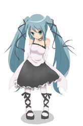  aqua_eyes aqua_hair bare_shoulders blush choker commentary dlin_(kenpika) dress elbow_gloves female gloves hair_ribbon hatsune_miku long_hair pantyhose ribbon solo twintails very_long_hair vocaloid yami-iro_alice_(vocaloid) 