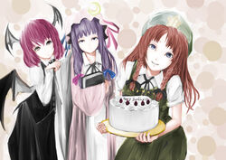  3girls bad_id bad_pixiv_id bat_wings book braid cake candle crescent dress food hair_ribbon hat head_wings hong_meiling koakuma long_hair matsukaze881 multiple_girls pastry patchouli_knowledge photoshop_(medium) purple_hair red_hair ribbon smile star_(symbol) touhou twin_braids wings 