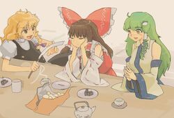  3girls arm_support blonde_hair bow brown_hair closed_eyes commentary_request cup detached_sleeves food frog gohei green_eyes green_hair hair_ornament hairbow hakurei_reimu hat head_rest kirisame_marisa kochiya_sanae large_bow long_hair mug multiple_girls no_headwear pinzu short_hair snake steepled_fingers table teapot touhou wagashi witch_hat yellow_eyes youkan_(food) 