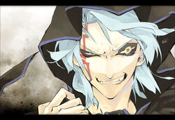  1boy bad_id bad_pixiv_id black_sclera blue_hair colored_sclera hibiki_nino kiryu_kyosuke letterboxed male_focus photoshop_(medium) portrait solo yellow_eyes yu-gi-oh! yu-gi-oh!_5d&#039;s 